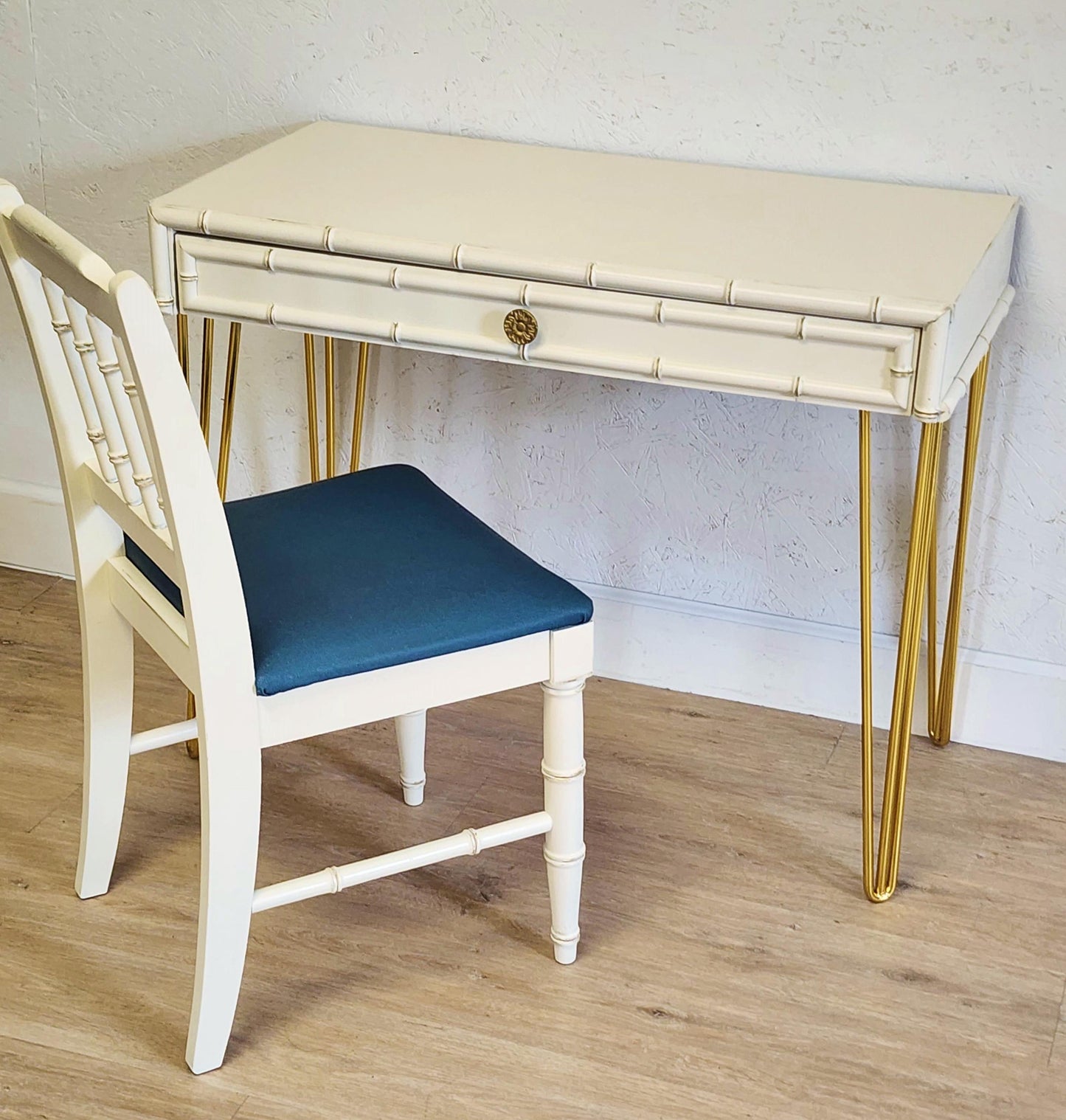 Dixie Aloha Writing Desk, Upcycled Dixie Faux Bamboo & Gold Desk Chair Set, MCM Hairpin Bamboo Console Desk, Hollywood Regency Vanity Desk