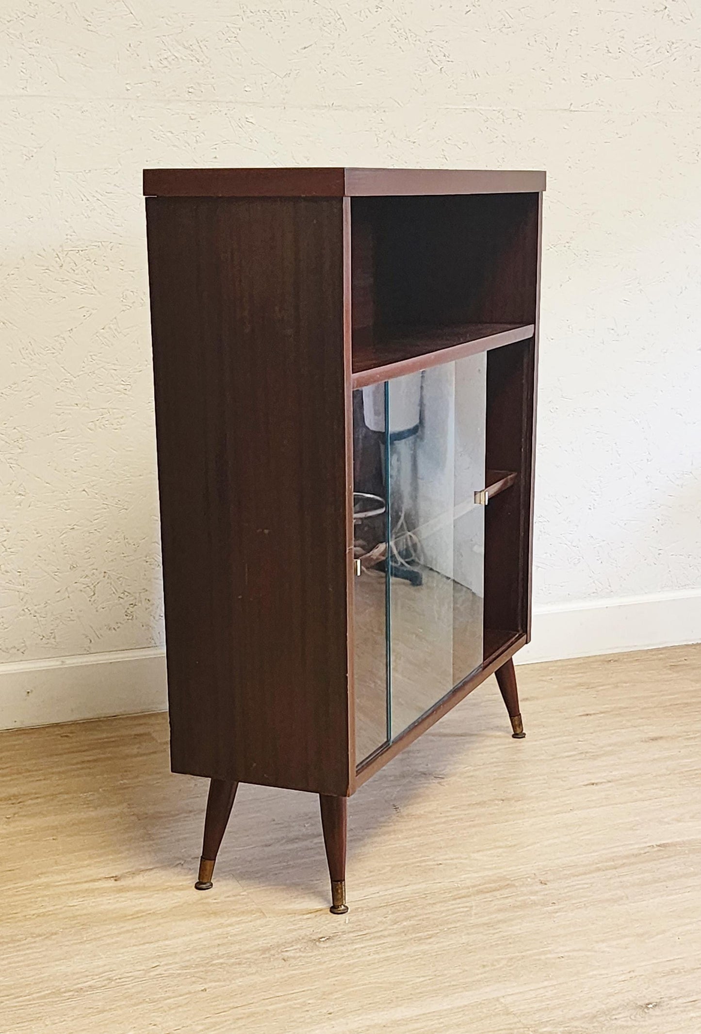 MCM Atomic Floor Shelf | Taper Leg Glass Door Vintage Display Shelf | Retro Bookshelf Cabinet
