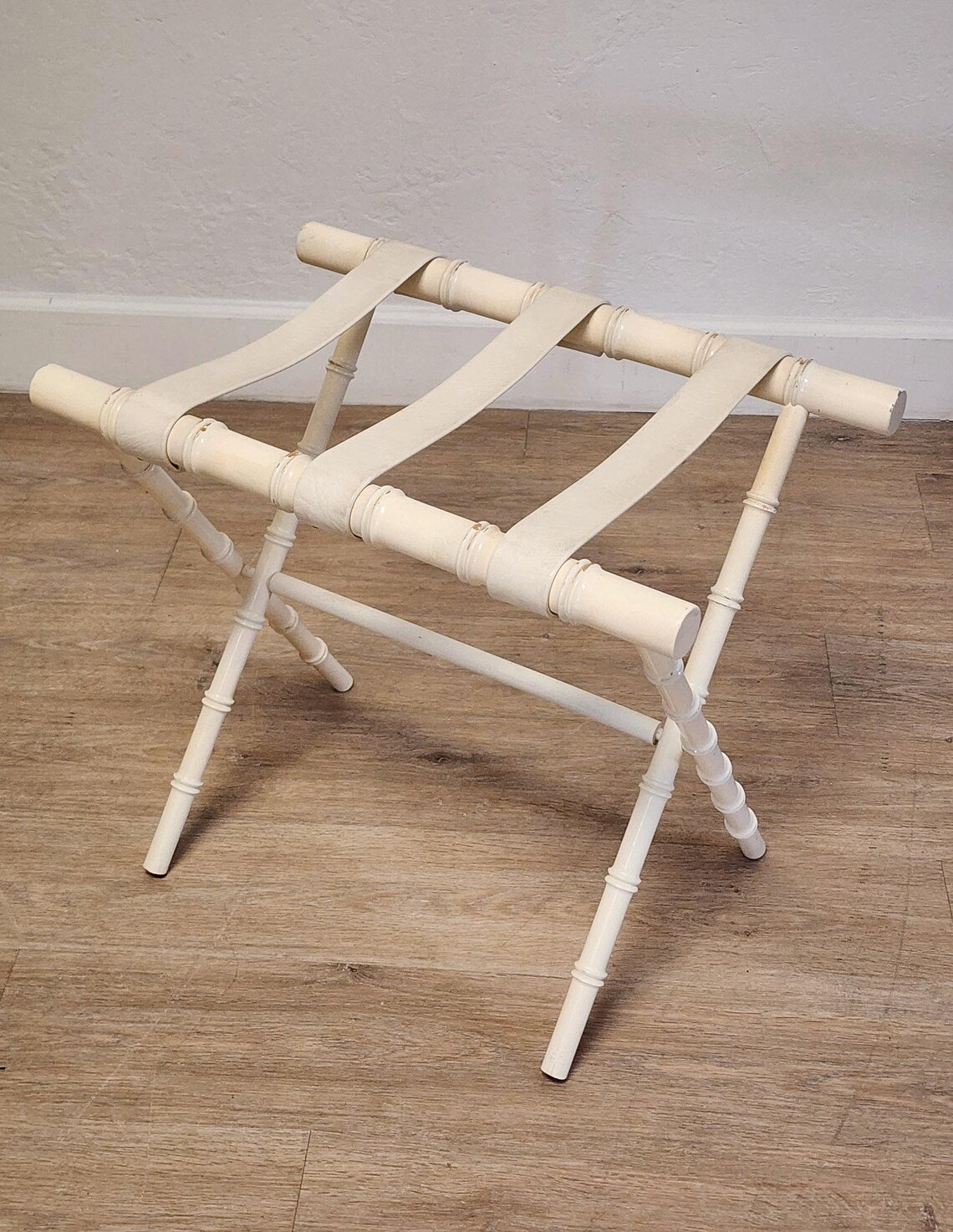 Vtg Faux Bamboo Style White Folding Luggage Rack -Palm Beach Coastal Suitcase Stand w/ Faux Leather Straps