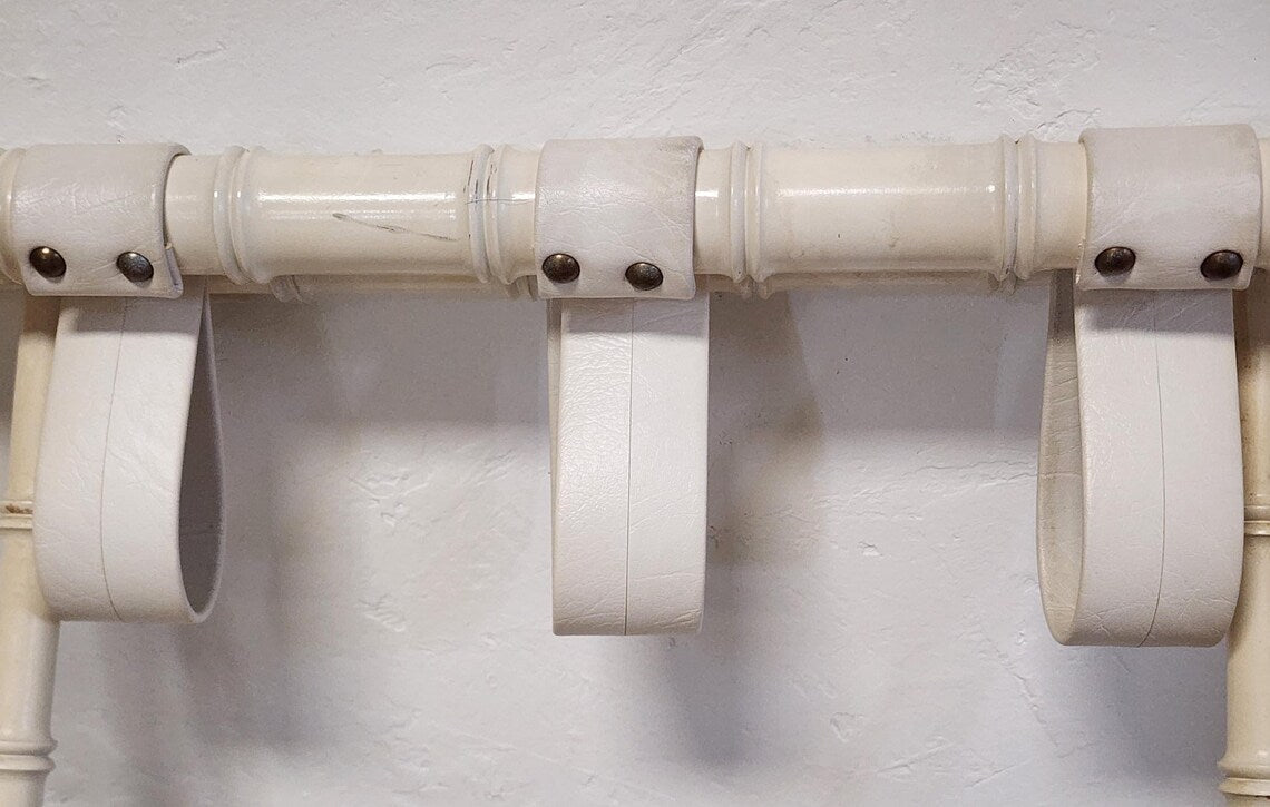 Vtg Faux Bamboo Style White Folding Luggage Rack -Palm Beach Coastal Suitcase Stand w/ Faux Leather Straps