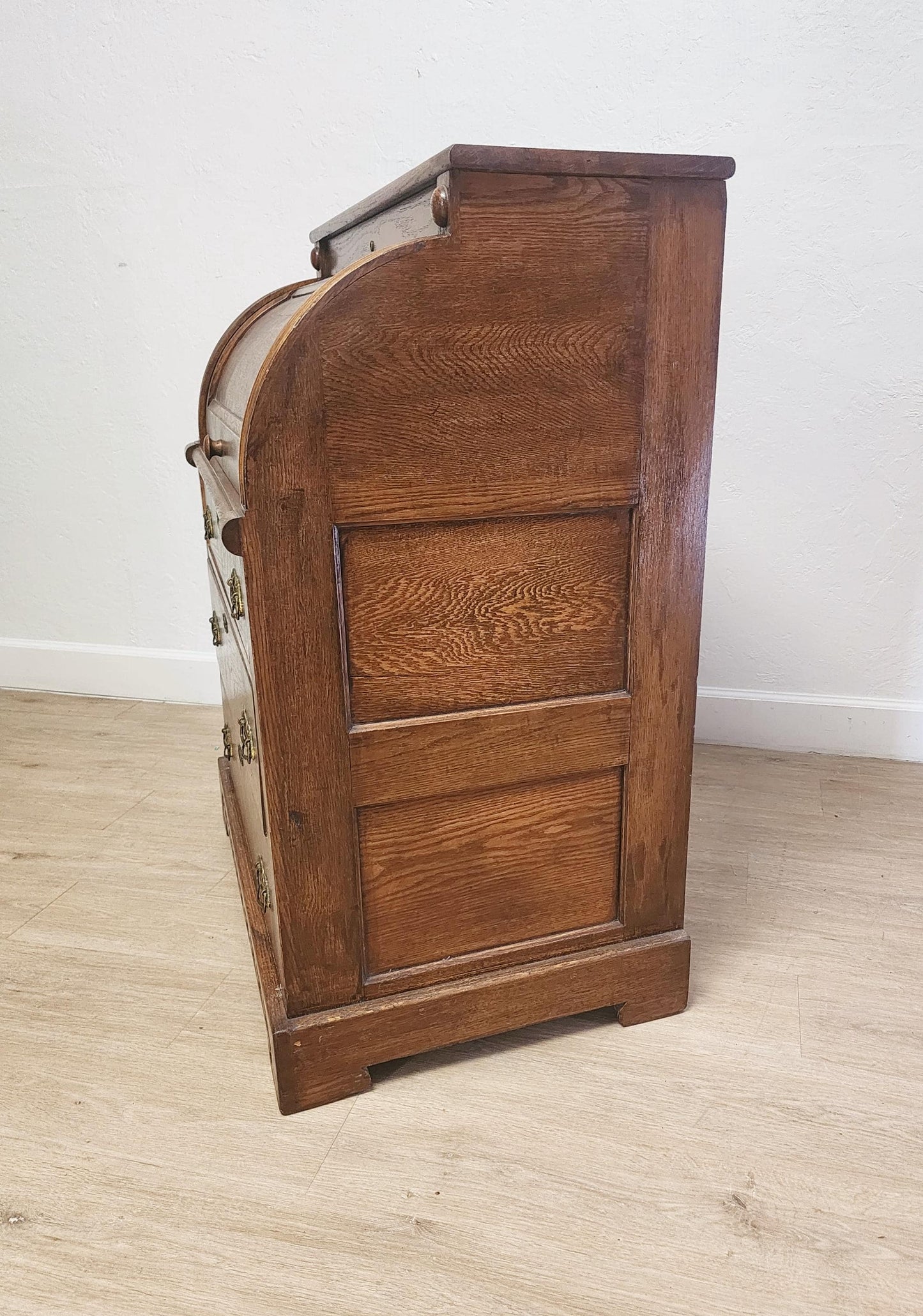 side view antique 3 drawer cylinder oak desk