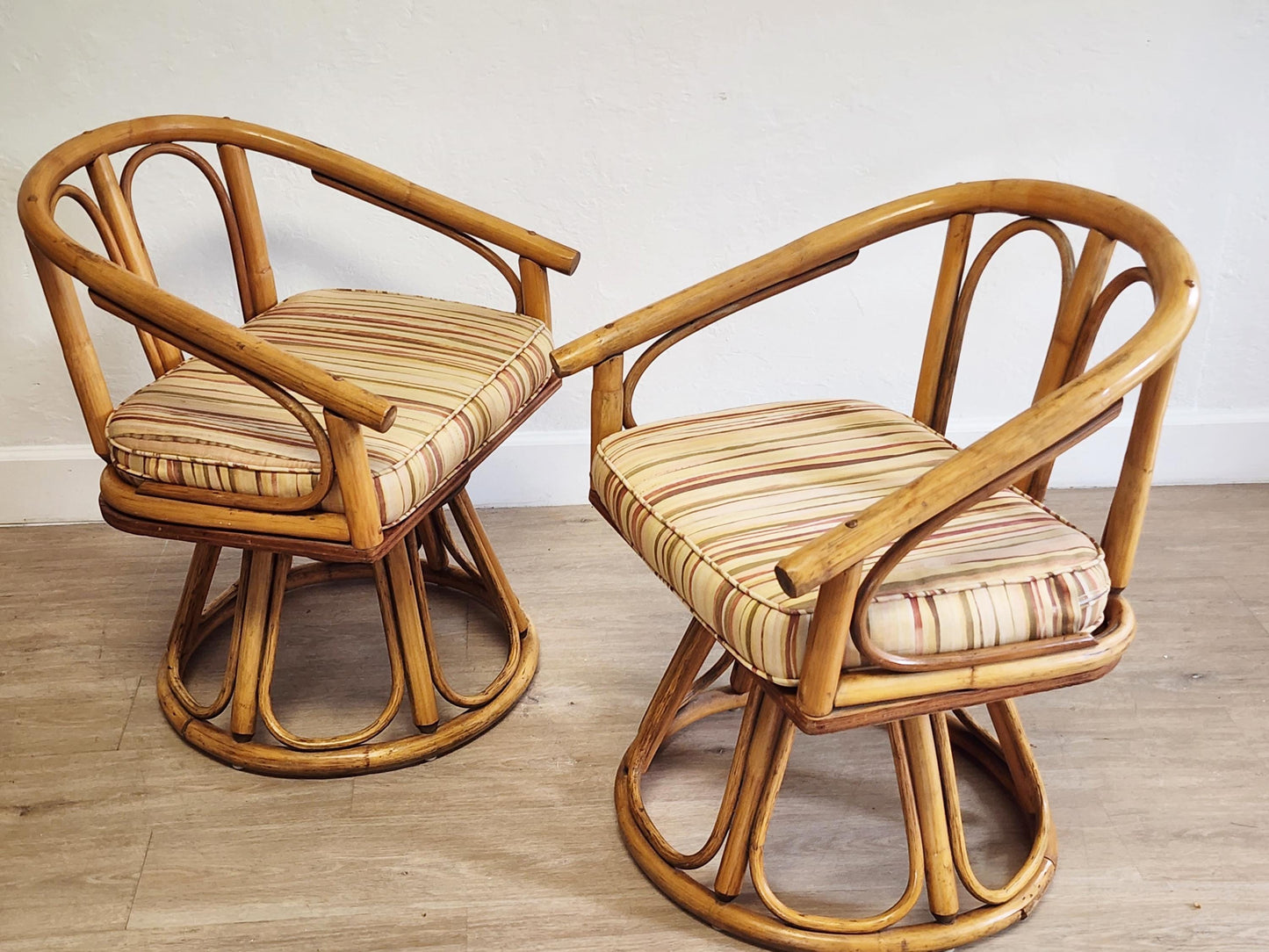 Vintage Pair Bent Rattan Coastal Side Chairs